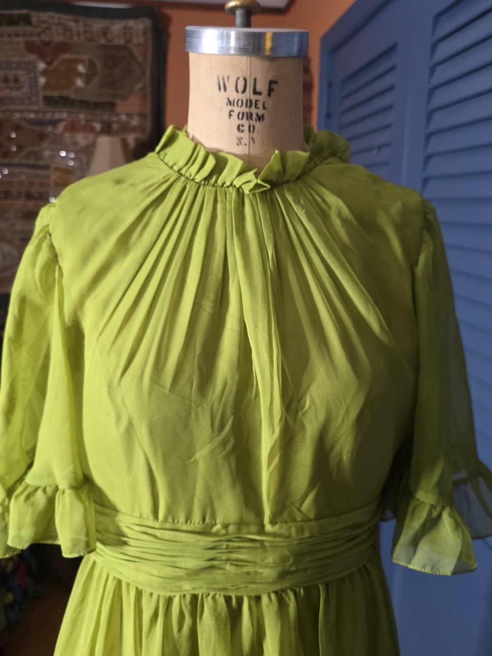NWT Mac Duggal Chiffon Ruched Illusion Ruffle Gown Olive Chartreuse 8 - Picture 10 of 12